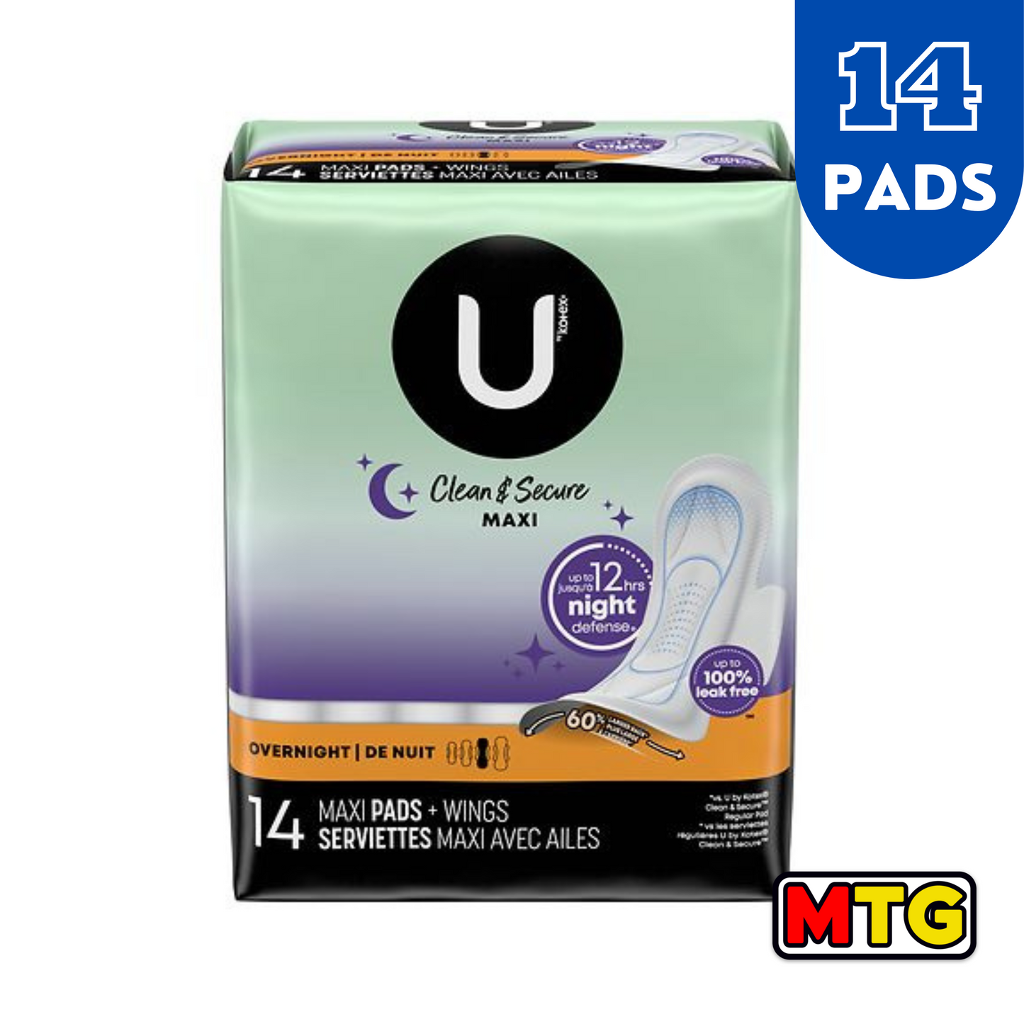 U by Kotex - Maxi Overnight Pads Con Alas (14 Pack)