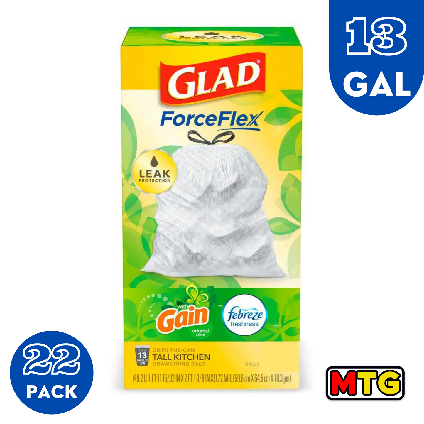 Glad ForceFlex Gain - Bolsas de Basura 13Gal (22 Bolsas)