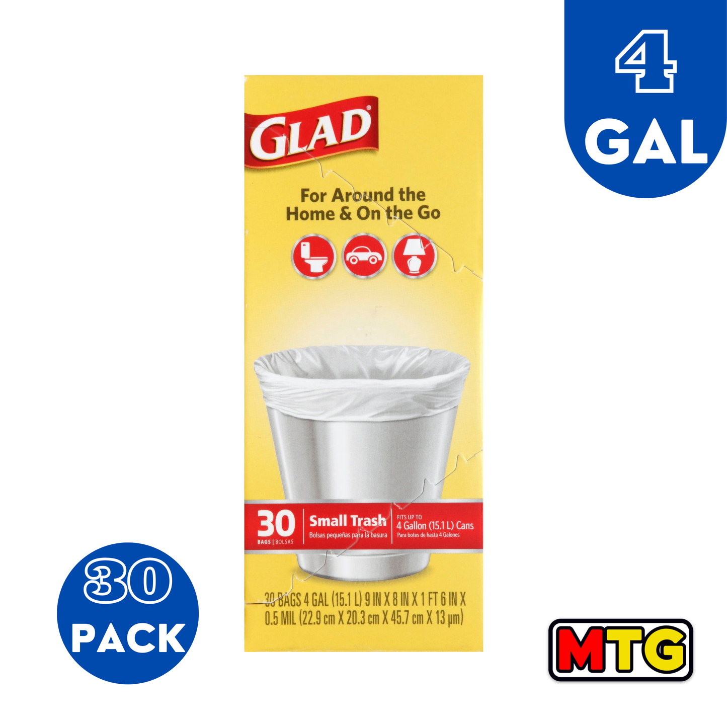 Glad Flat Top Bags - Bolsas de Basura 4Gal (30 Bolsas)
